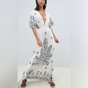 ASOS Placement Bandana Print Kimono Plunge Maxi Beach Dress Tall size 6